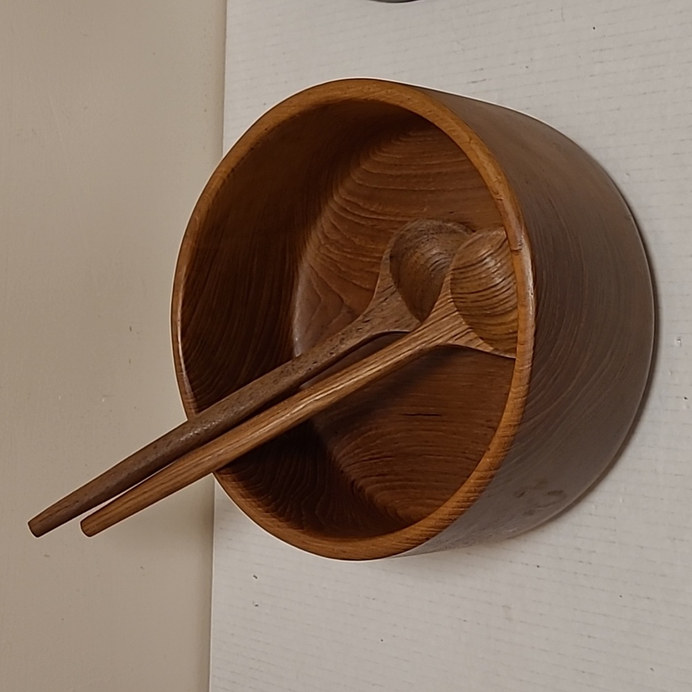 Vintage Dolphin Teakwood Salad/Pasta Bowl with Tossing Spoons